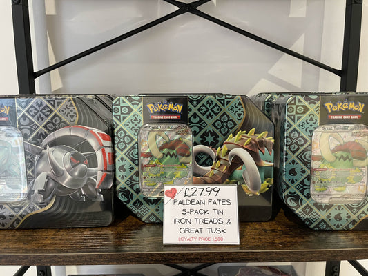 Paldean Fates 5 Pack Tin (Great Tusk or Iron Treads)