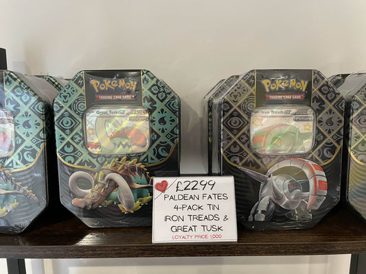 Paldean Fates 4 Pack Tin (Great Tusk or Iron Treads)